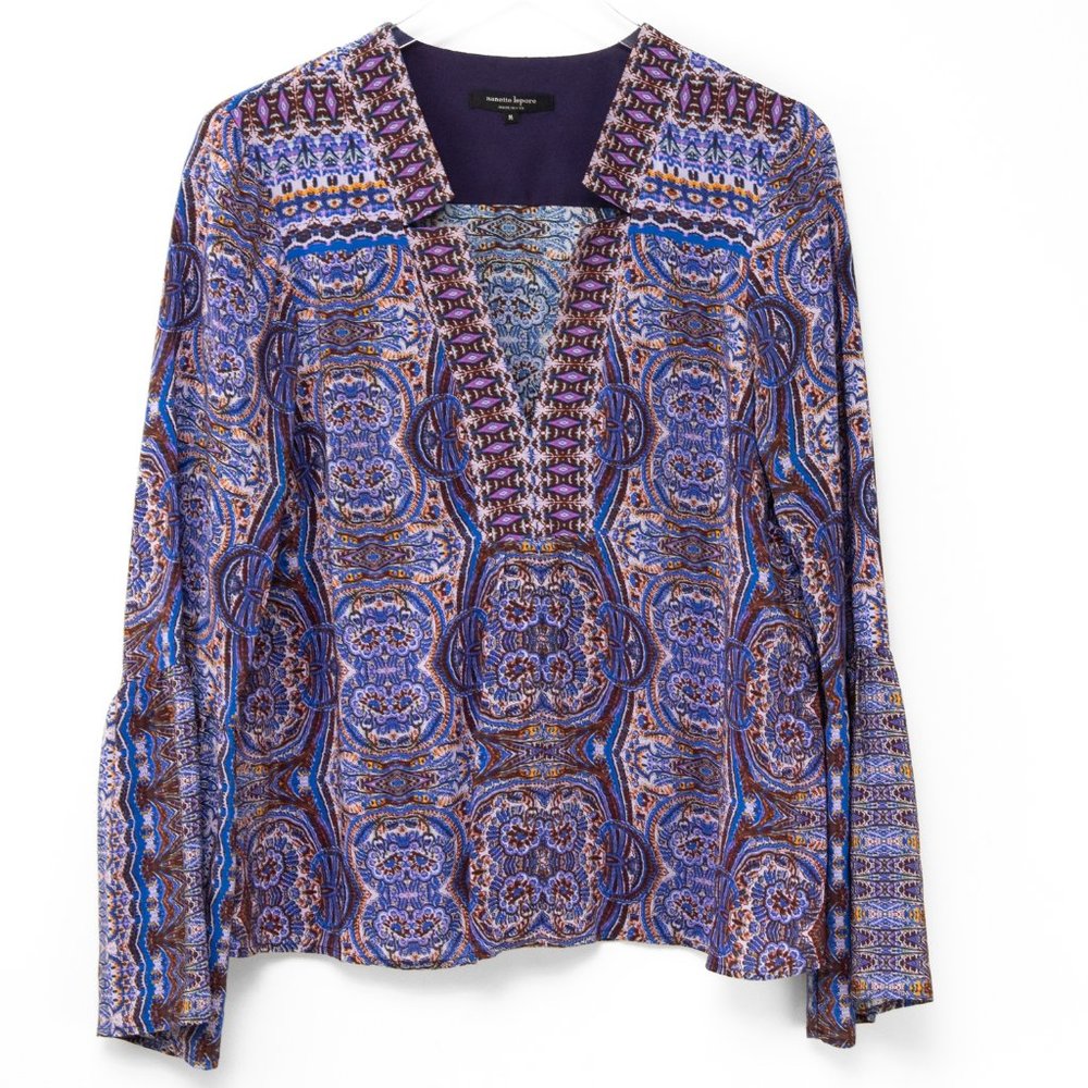 Nanette Lepore Silk Blouse V-neck Shirt Bell Sleeve Purple Blue Size Medium